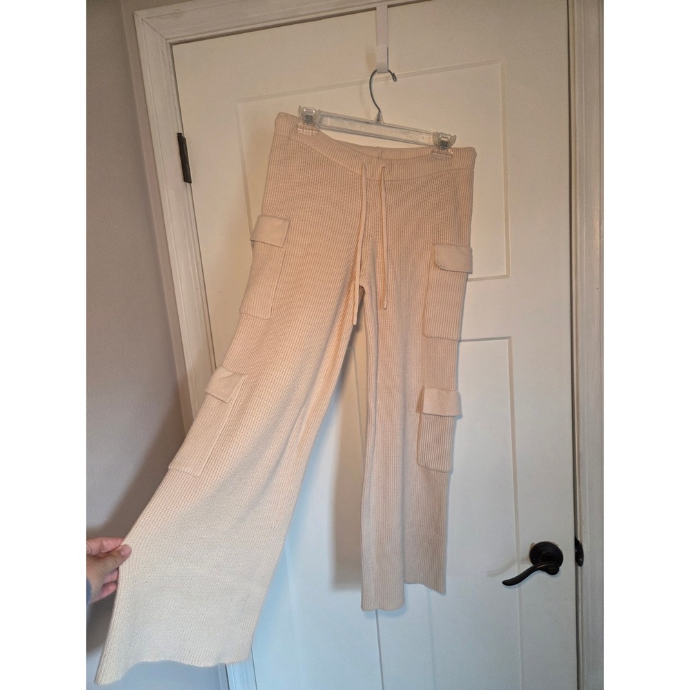 Edikted Ribbed Knit Cargo Pants Cream Beige Wide Leg Drawstring Utility M